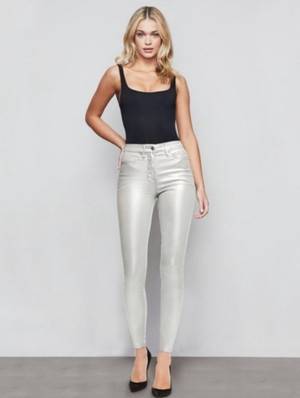 NEW Good American Silver Good Waist Coated Jeans